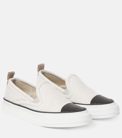 haute qualité luxe Brunello Cucinelli Baskets monili-embellished slip-on blanc