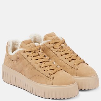 mode luxe Hogan Baskets en daim doublées de shearling H-Stripes beige