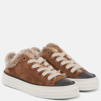 réplique de luxe Brunello Cucinelli Baskets en daim et shearling embellies marron