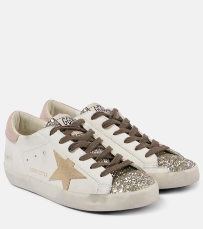 réplique de luxe Golden Goose Baskets Super-Star en cuir pailleté blanc