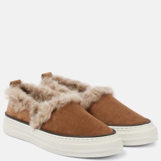 vente chaude luxe Brunello Cucinelli Chaussures à enfiler en daim doublées de shearling marron