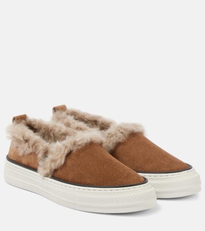 vente chaude luxe Brunello Cucinelli Chaussures à enfiler en daim doublées de shearling marron